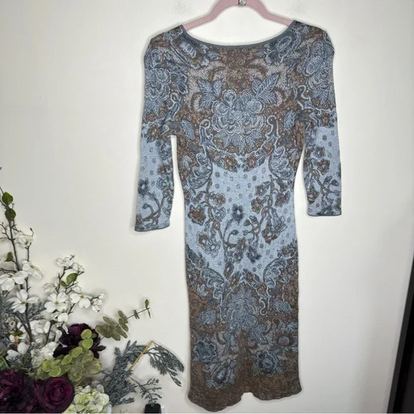 PERUVIAN CONNECTION Pima Cotton Sweater Dress Ornate Sky Blue Cocoa Brown {M14} - Picture 3 of 5